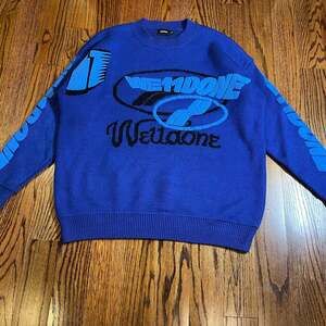 We11done Blue Logo Jacquard Intarsia Oversized Knit Sweater